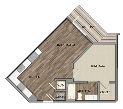 Floor plan for 1 bed, 1 bath, 618 sqft